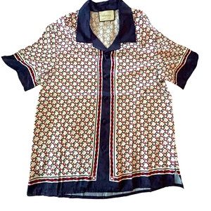 Mens GG Print Silk Button Down Short Sleeve Shirt Pristine Condition Size Large